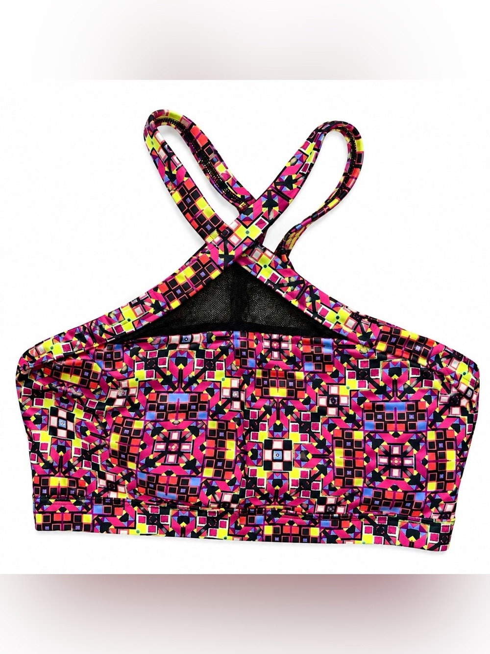 Victoria Sport Neon Geometric Print Strappy Sport Bra - Sheer Black Neck Detail